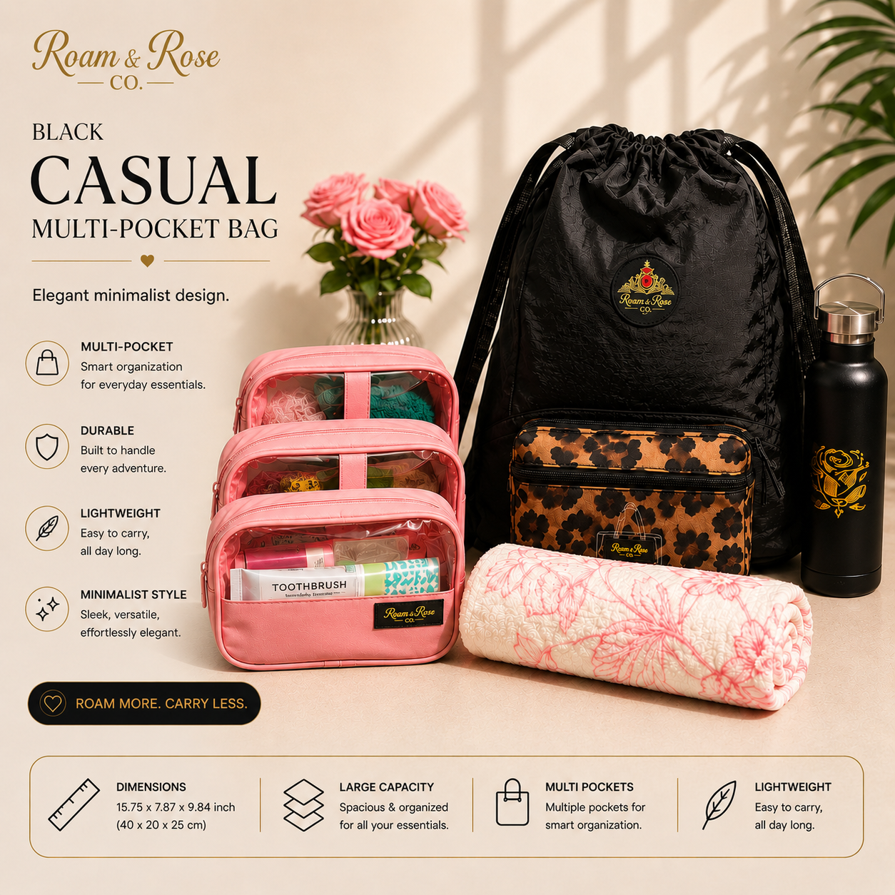 Black casual multi-pocket bag